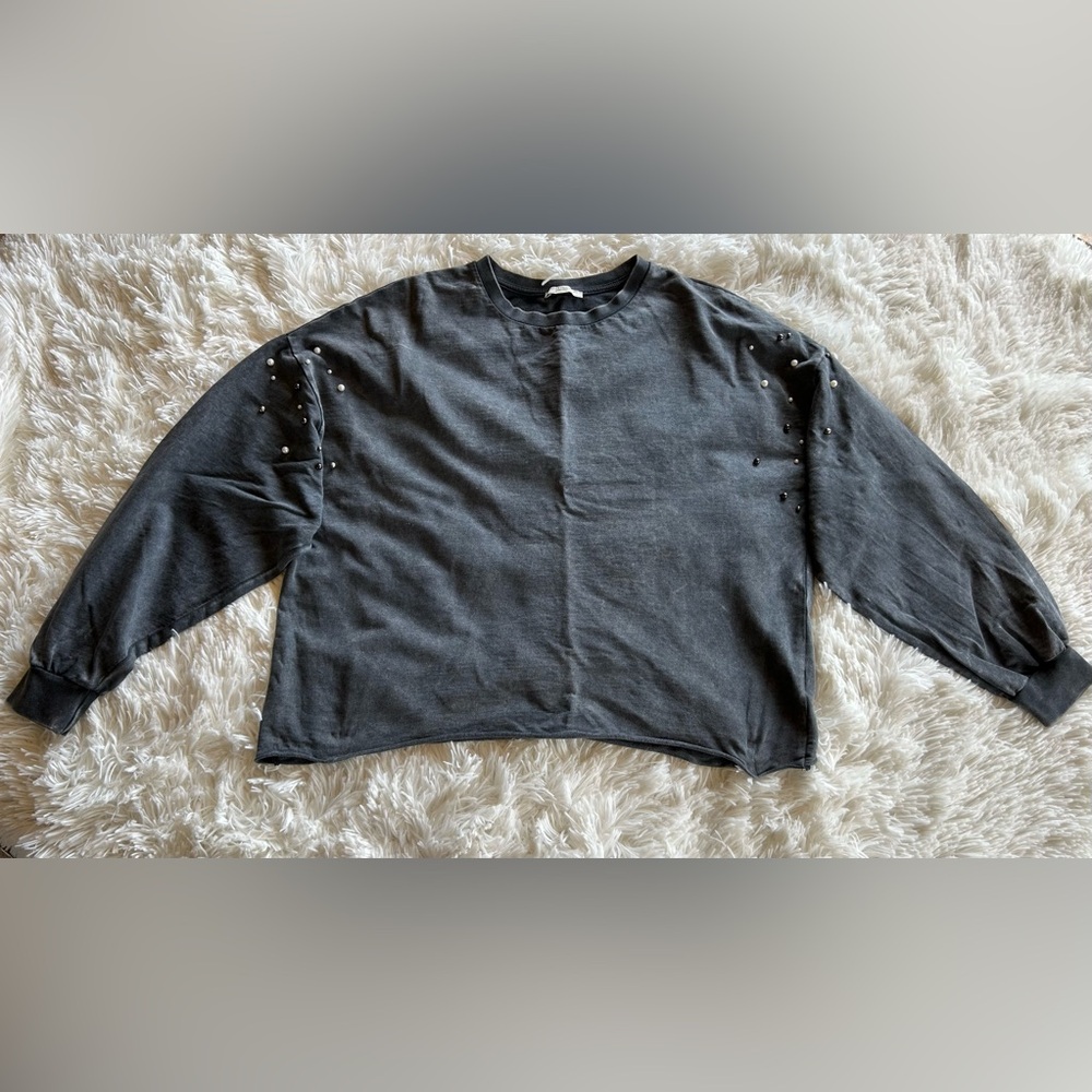 Zara | Charcoal Gray Pearl Studded Crewneck Sweatshirt